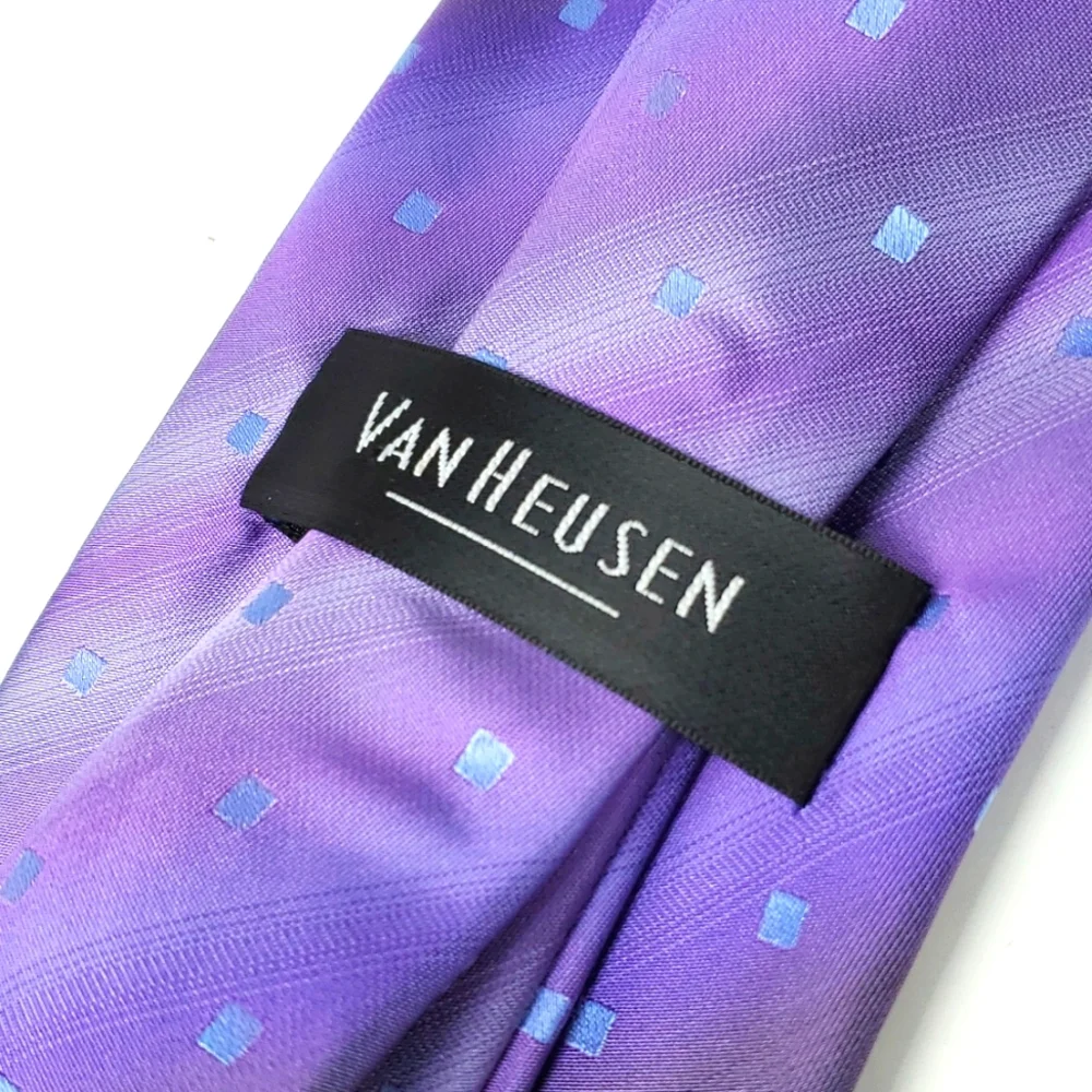 VAN HUESEN Light Blue Squares on Purple Vertical Lines Silk Tie EUC